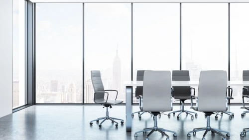 New conference room interior with furniture and panoramic New York city view. 3D Rendering