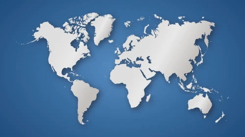 silver colored world map on blue background - vector illustration