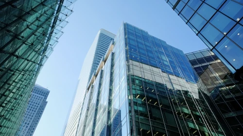 UK, London, Canary Wharf financial district buildings