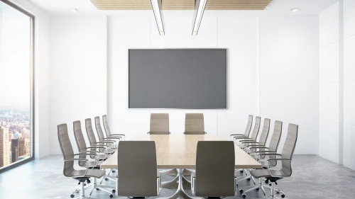 Contemporary conference room with empty chalkboard and city view. Mock up, 3D Rendering