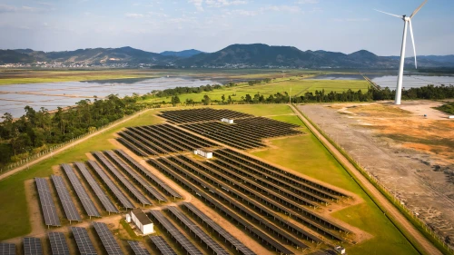 Aerial view of a region with a sustainable plant in the production of clean energy