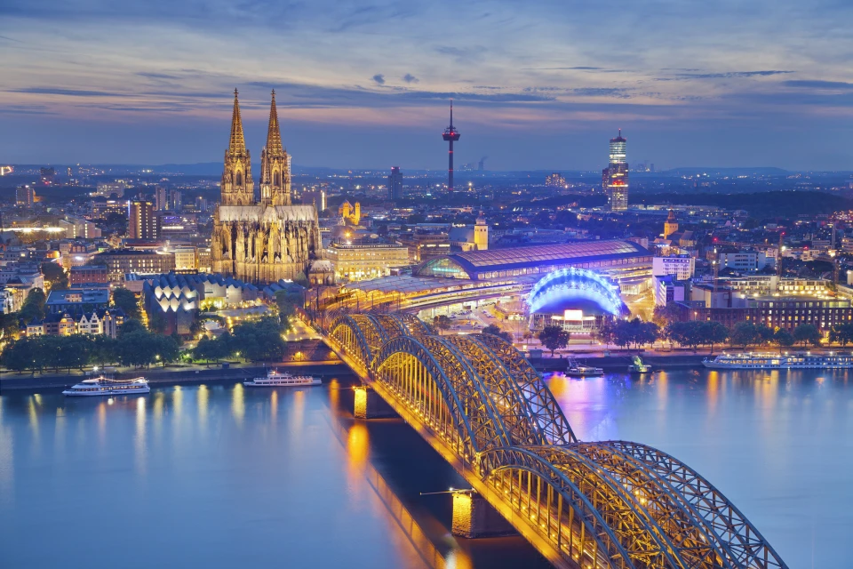 Image of Cologne with Cologne Cathedral during twilight blue hour.
