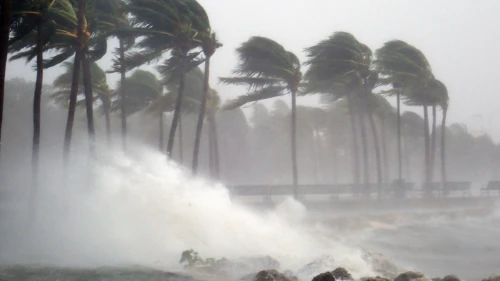 Rare image of Hurricane Irma striking the Miami Biscayne Bay Florida area near downtown Miami. Winds, waterspouts, flooding and storm surge pounded the region on September 9, 2017.